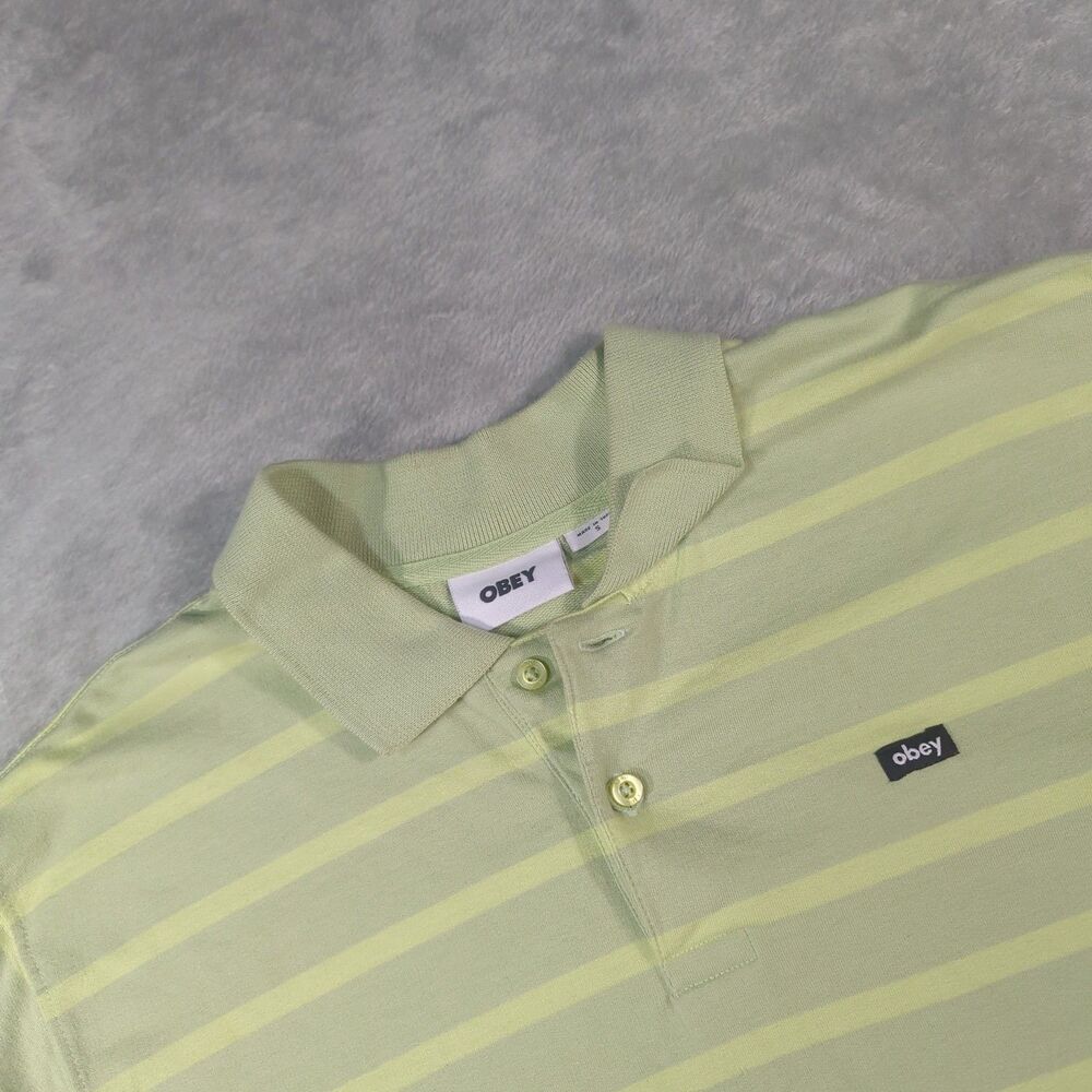 OBEY Mens Small Long Sleeve Polo Sweatshirt Striped Lime Green Yellow Streetwear